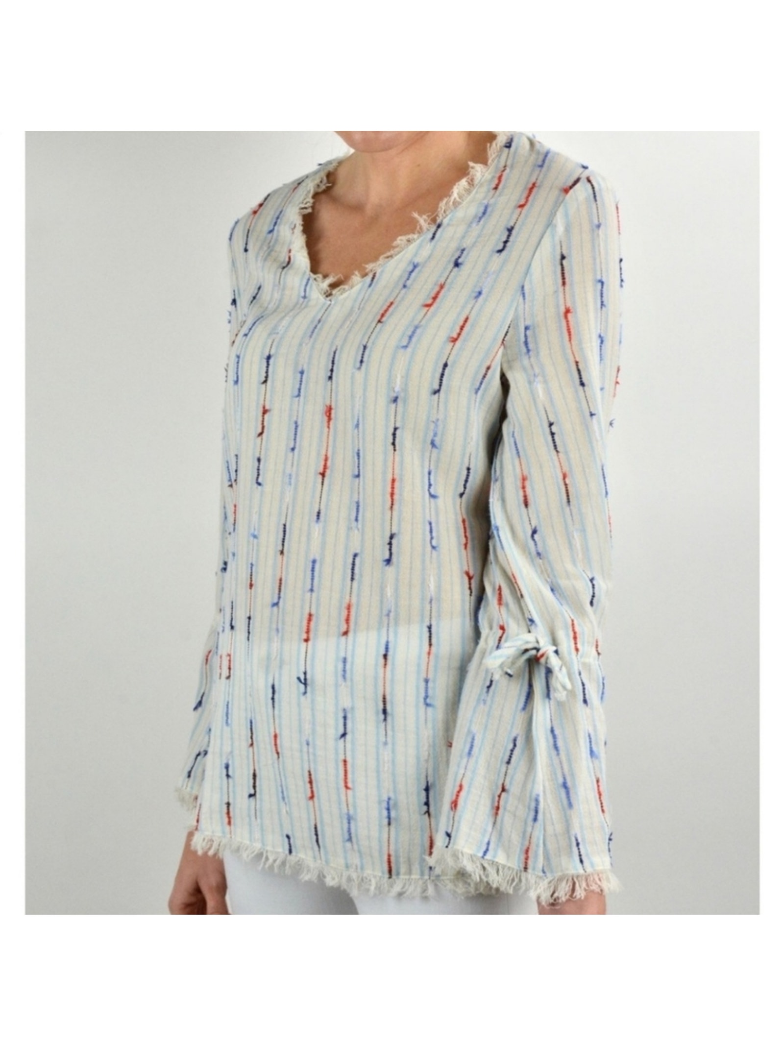 New Xs Drew Brooklyn Blouse, White With Blue Red Stripes, Bow Sleeves, Raw Hems